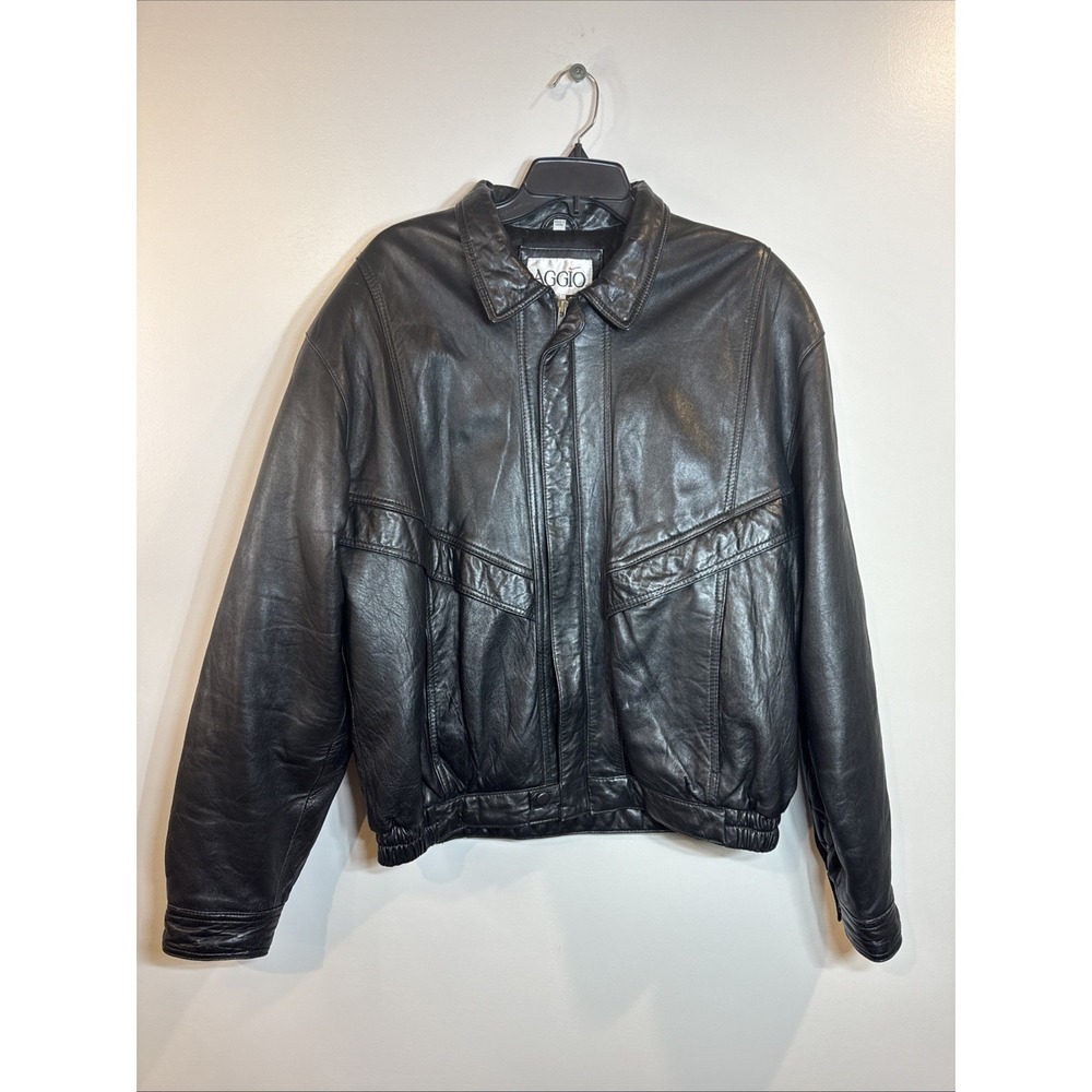 Vintage AGGIO Black Leather Bomber Jacket Mens Large Motorcycle Biker Streetwear